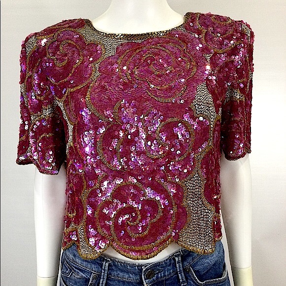 Carolyne Barton Tops - Vintage Pink, Gold, & Silver Beaded Crop Top